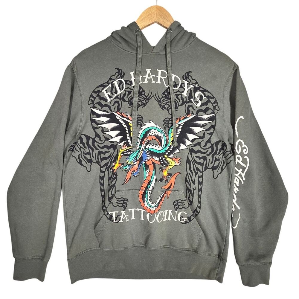 ED HARDY MEN'S DRAGON & TIGER GRAPHIC HOODIE – SIZE MEDIUM – OLIVE GREEN